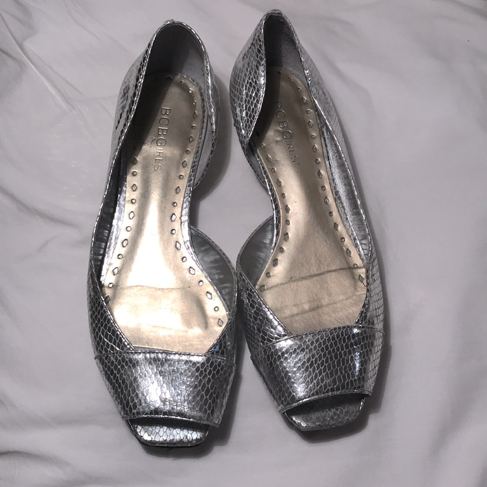 BCBGirls Silver Open Toe Flats, 6B